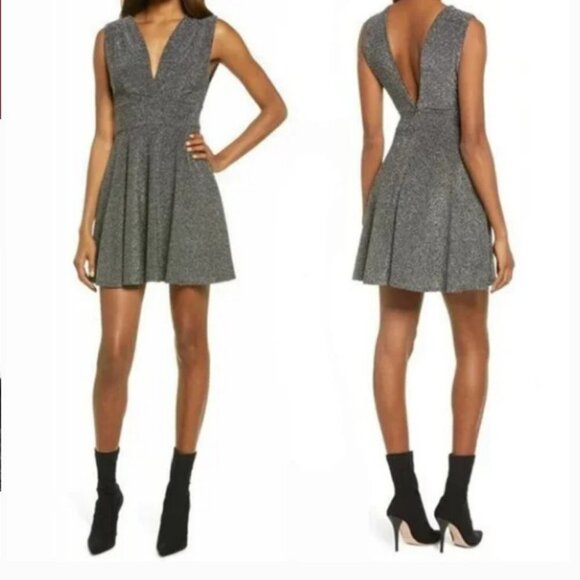 Fraiche by J Dresses & Skirts - NWT Fraiche by J Metallic Shimmer Deep V-Neck Fit & Flare Minidress Silver Black